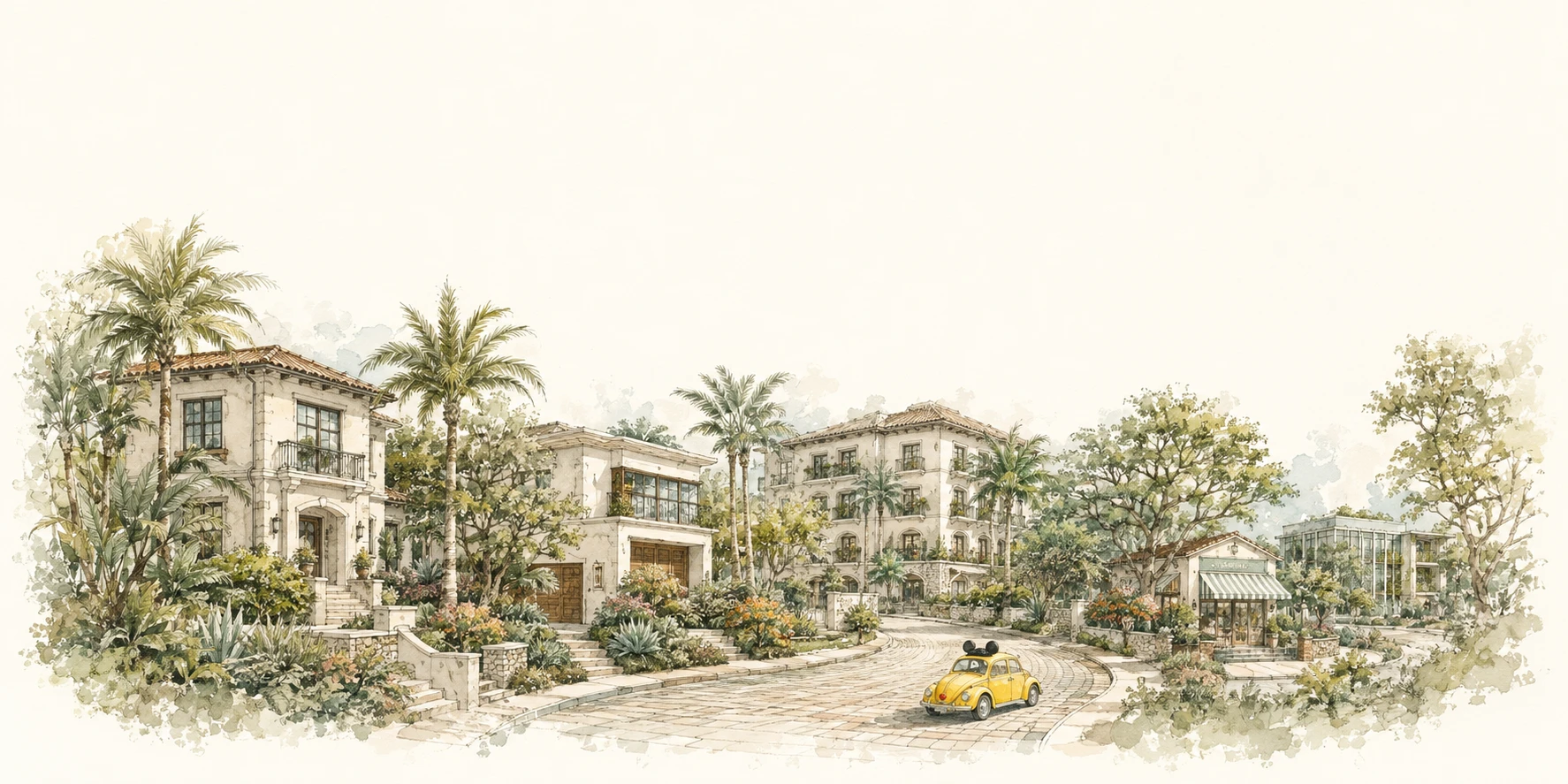 Illustrated community with homes, shops, gardens and a yellow service car